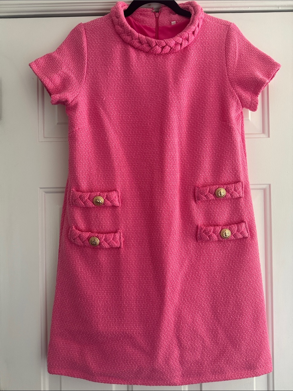 Unbranded Bright Pink Tweed Jackie Shift Dress Size S Gold Button Braided Trim